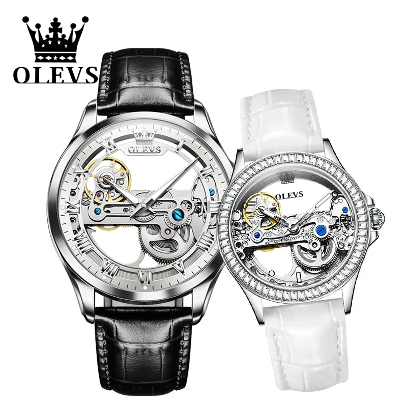 OLEVS Couple Watch Pair Men Women Hollow out Transparent Men's Watches His and Hers Automatic Mechanical Watch Set 2025