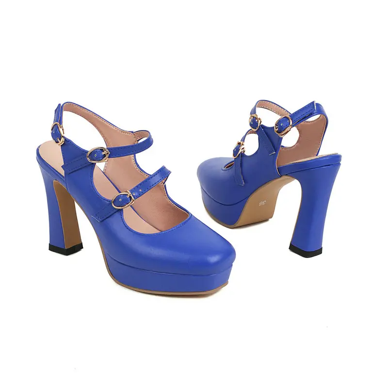 Bright Green Orange Blue Color Closed Toe Summer Mary Janes Heels Mature Sexy Woman Double Strap Platform Thick Heels Sandals