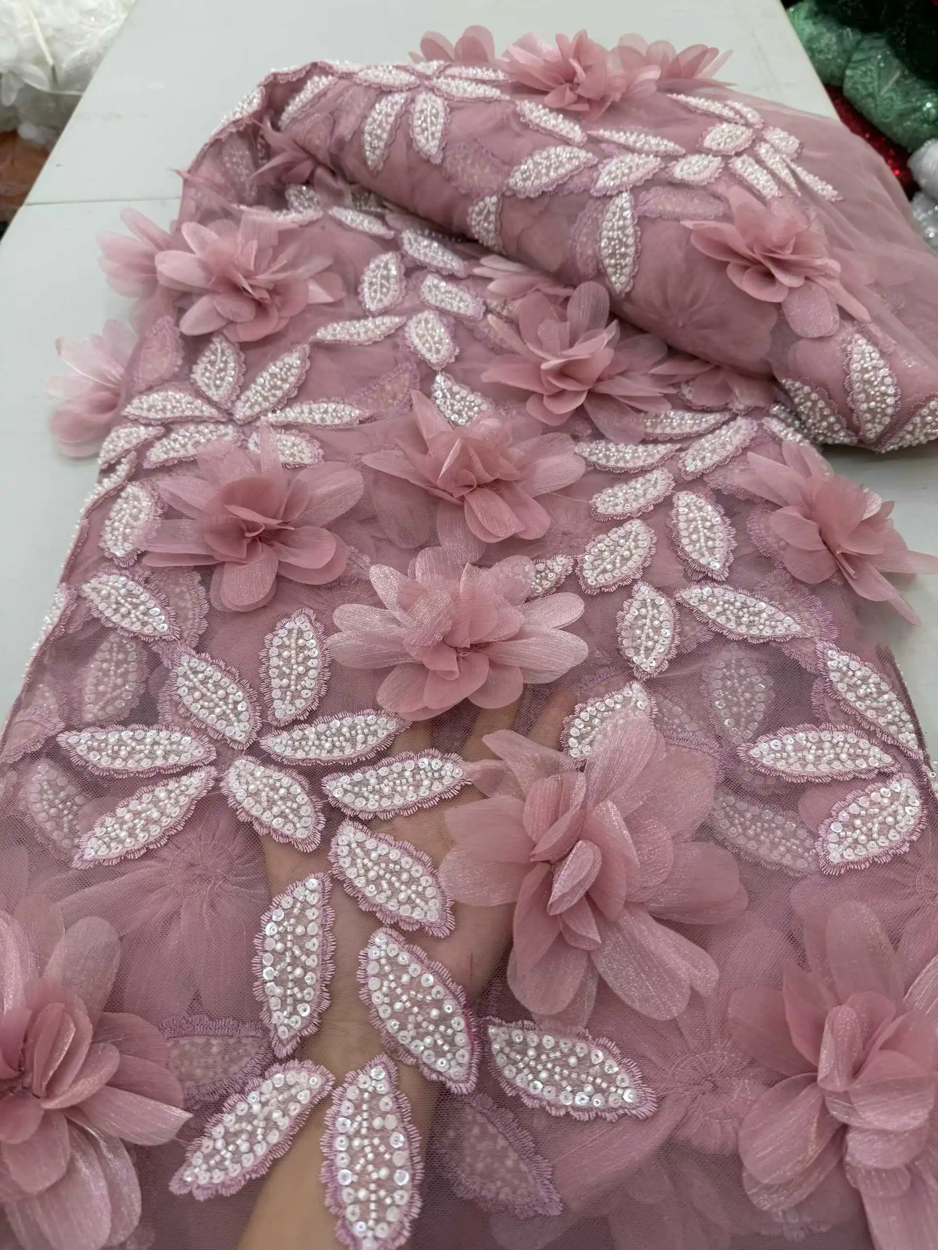 African 3D Flower Beads Lace Fabric 2026 High Quality French Nigerian Sequins Embroidery Tulle Fabric For Wedding Dress Sewing