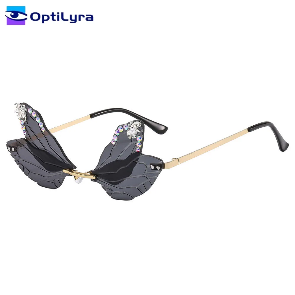 

OptiLyra Brand New Women Dragonfly Wing Sunglasses Irregular Party Rhinestone Sunglasses Fashion Frameless Sunglasses