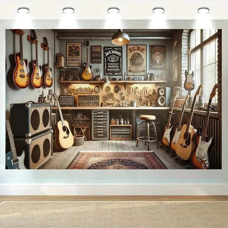 VIKAMA Vintage Guitar Workshop Wandteppich im Rock-Ins-Stil, Wanddekoration, dekorativer Wandteppich für Wohnzimmer und Schlafzimmer