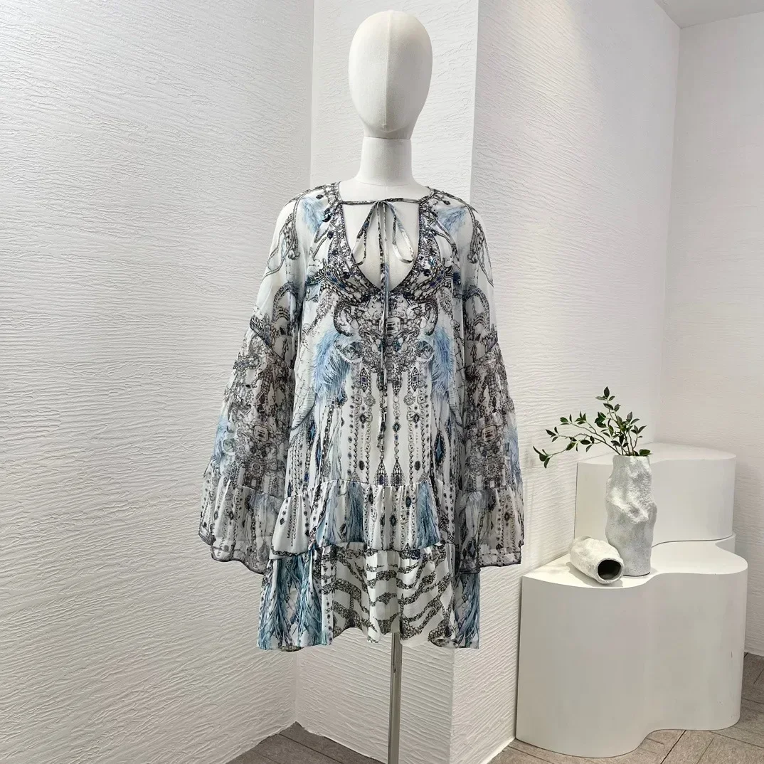 

Light Blue 2024 New Collection Women White Floral Print Long Sleeve Deep V-Neck Diamonds Beach Style Mini Dress