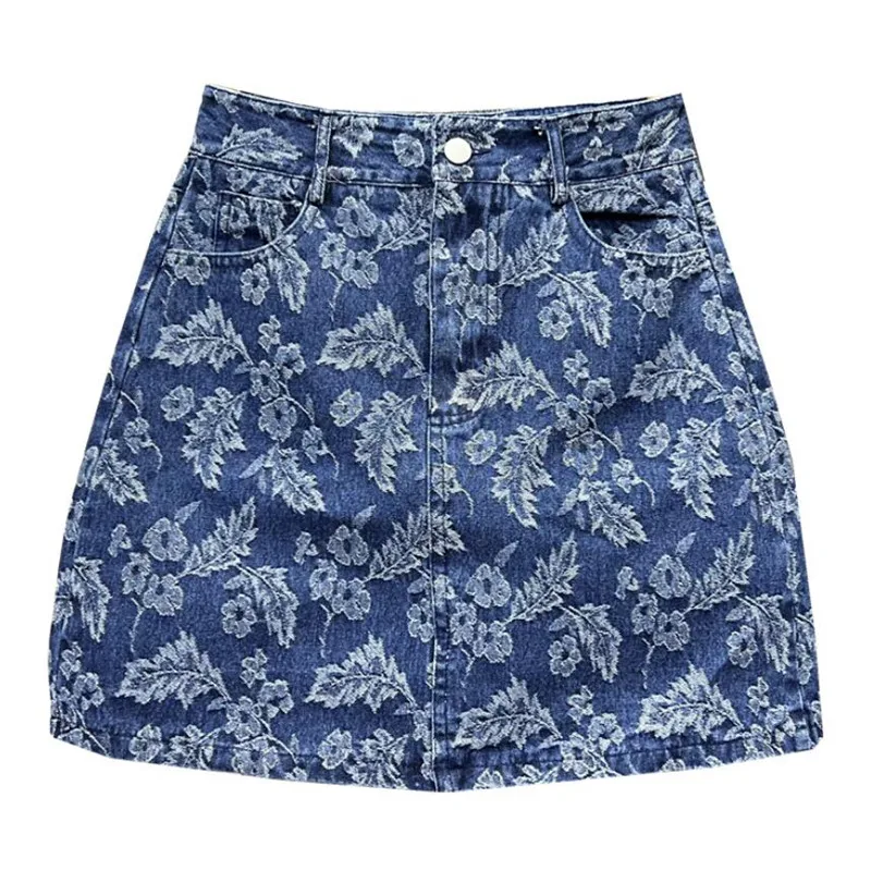 

Leaf Pattern Short Denim Skirt Women 2022 New Summer Fashion Girl Lady High Waist Package Hip A-Line Mini Skirt s07