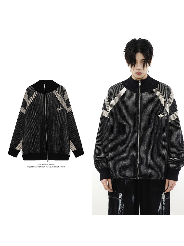 

Американский ретро полосатый вязаный свитер с высоким воротником для мужчин, одинаковая верхняя одежда для пар, повседневная свободная посадка, длинная осенняя одежда све