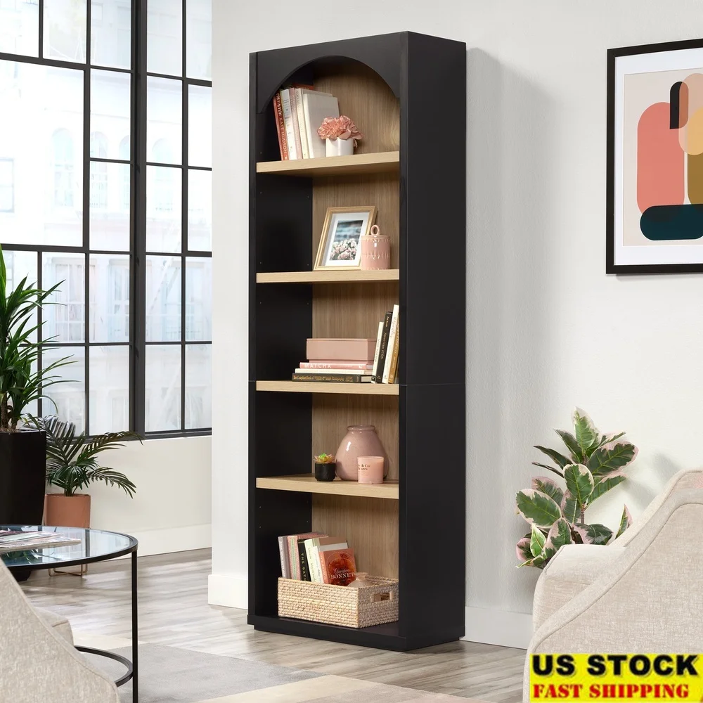 

5 Shelf Bookcase with Adjustable Shelves Decorative Arch Design Lightweight Storage Solution Living Room Office Display