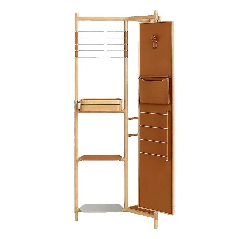 Light luxury Floor-to-ceiling Bedroom mirror integrated head layer saddle leather walnut coat and hat rack