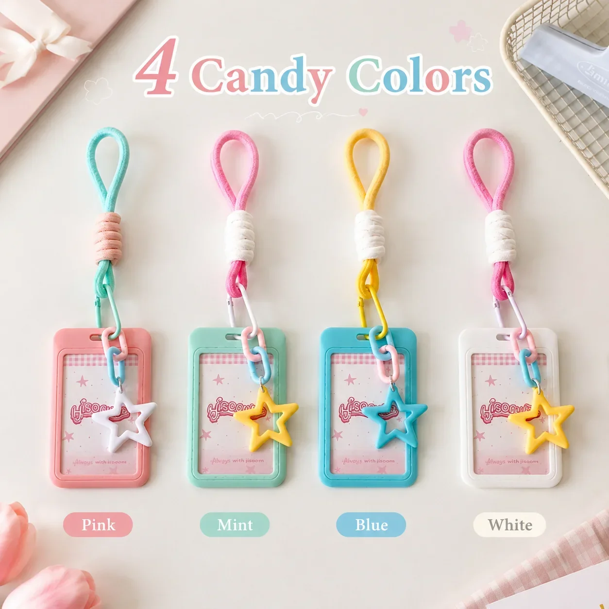 Sliding Cover 3 Inch Card Holder, Candy Color Bus Card Case with Lanyard, Student Kpop Photocard Display Pouch