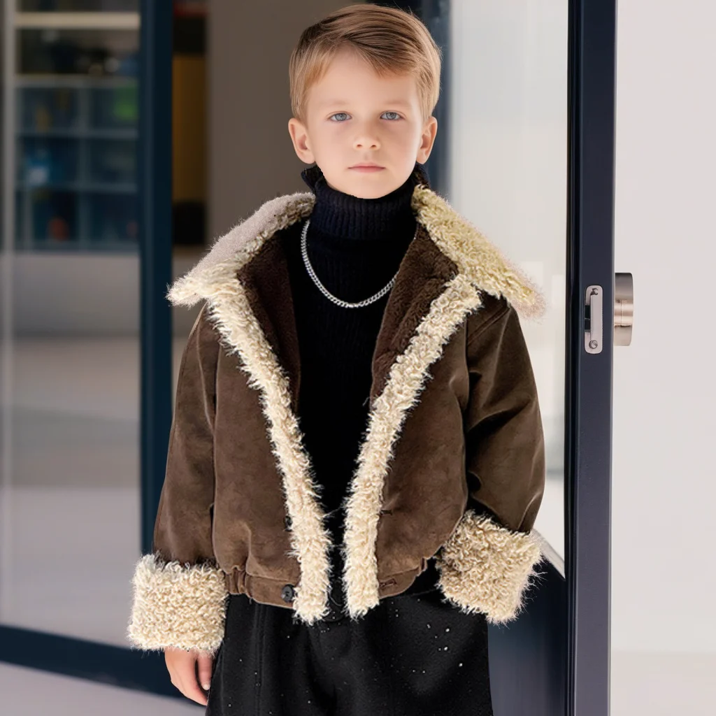 

Stylish Boys Suede Jacket Winter Kids Faux Fur Collar Sherpa Lined Thick Warm Coat Trendy Fleece-Lined Outerwear for Boy 10 12 Y