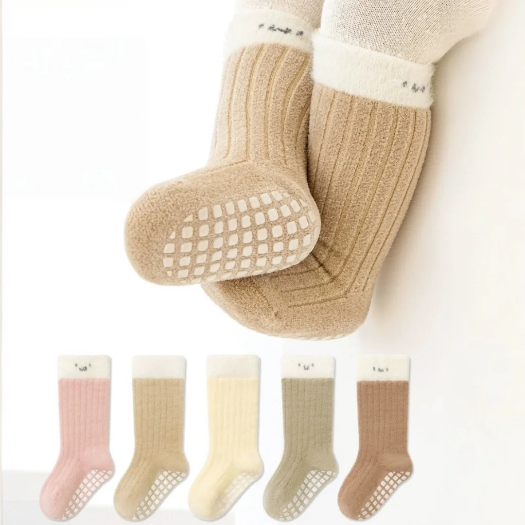 

5 Pairs Winter Children Socks Non-slip Baby High Tube Socks Warm Plush Thicken Toddler Boys Girls Middle Tube Sock for 0-5 Year