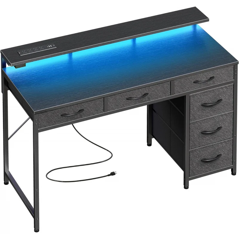 Gaming Desk with 6 Drawers, Computer Desk with LED Lights Power Outlets and Type-C, 39 Inch Office Desk with Storage, Monitor St