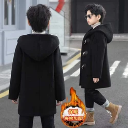 New Boys Thick Wool Coat Winter Kids Single-Breasted Plus Padded Cotton Clothes Teen Solid Hooded Jacket Children Warm Outerwear