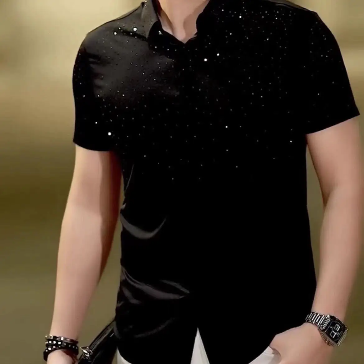 Summer New Men's Stretch Shirt Short Sleeve Simple Hot Drill Process Slim Short Sleeve