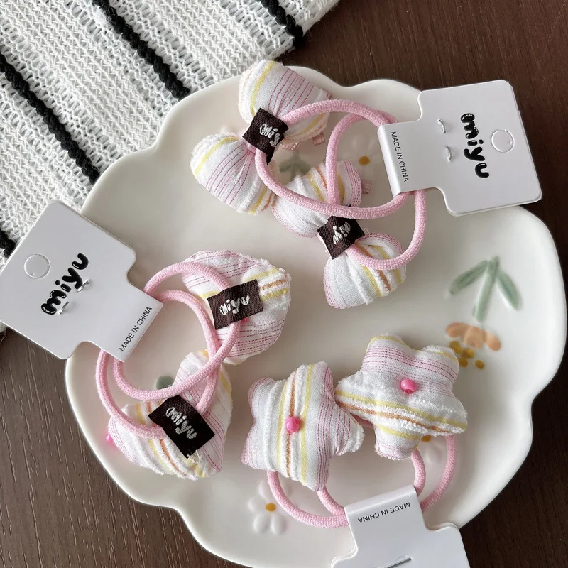 

Striped Pink Fabric Hair Ties with Padded Star Bow Sweet Elastic Ponytail Holders for Girls Cute Multifunctional Daily Party
