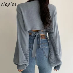 Neploe Back Lace Up Bow Design Solid Knit Sweater Women O Neck Pullover Long Sleeve Pull Femme Spring 2024 New Slim Sueter