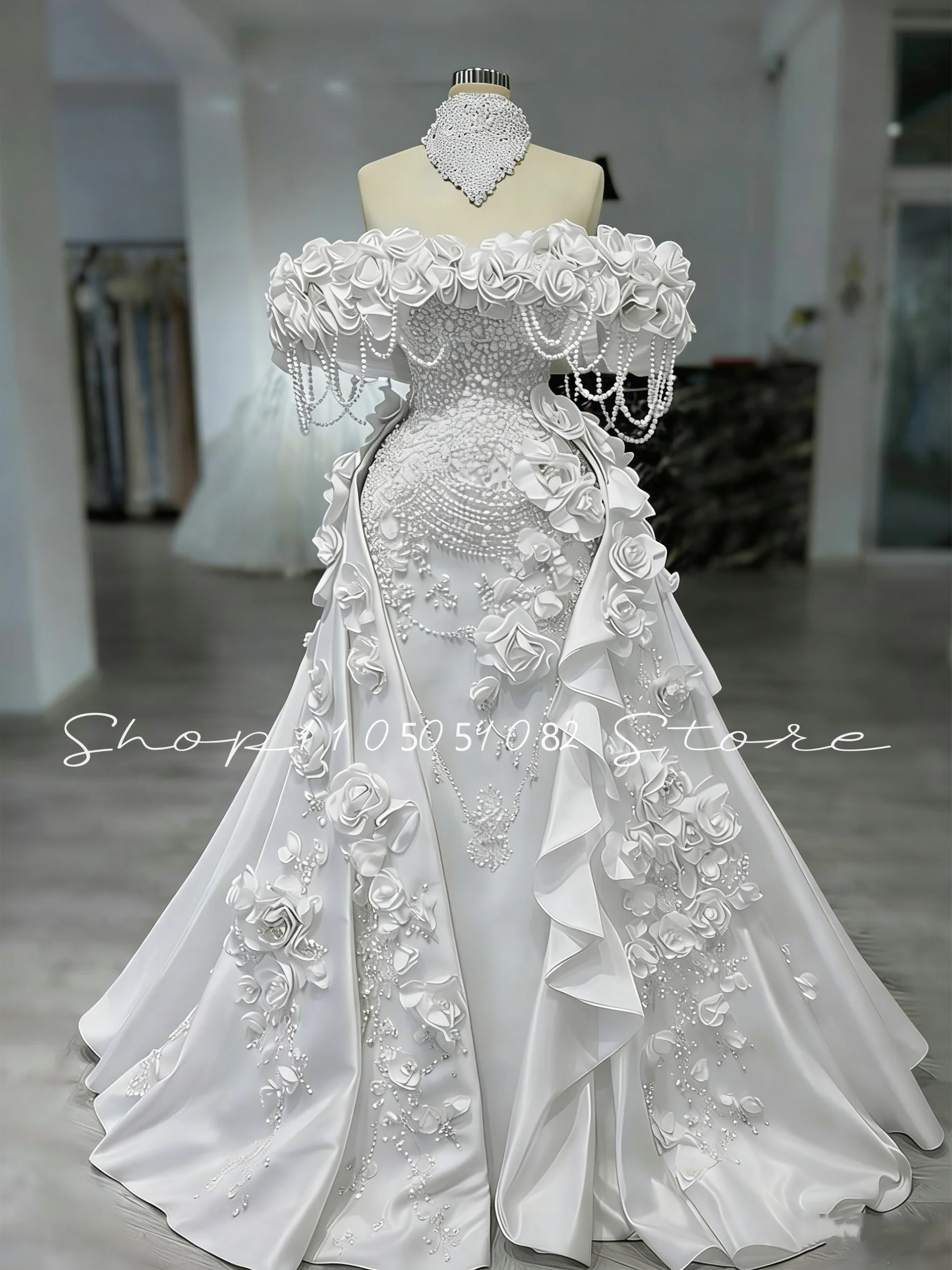 White Luxury Beaded Floral Evening Gown Off-the-Shoulder 3D Floral Mermaid Detachable Train True Handcrafted Prom Dress Customiz
