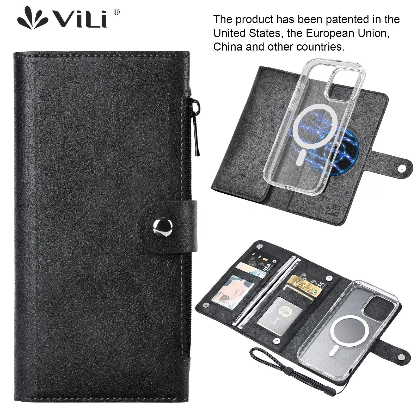 

Removable Leather Wallet (RFID Blocking) Card holder Magnetic Wireless Charging MagSafe Case For iPhone 16 15 14 Pro Max 13 Plus