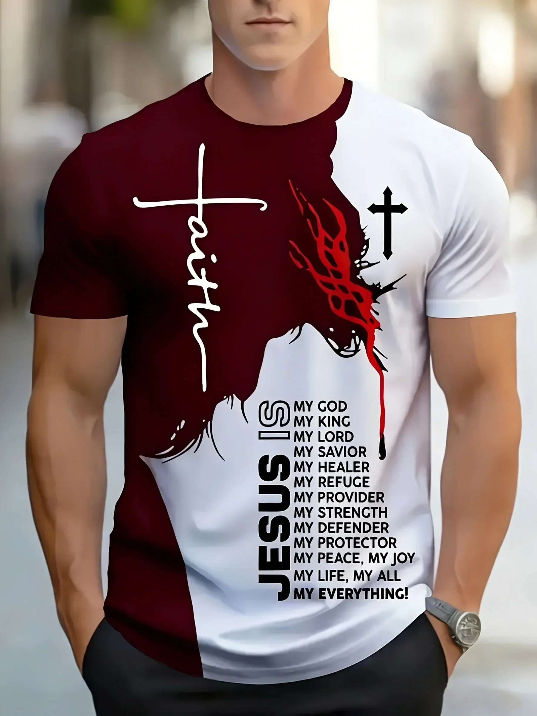 Men's Christian Faith Jesus Print T-Shirt Cross Crown of Thorns Graphic Tee Color Block Casual Short Sleeve Streetwear Tops