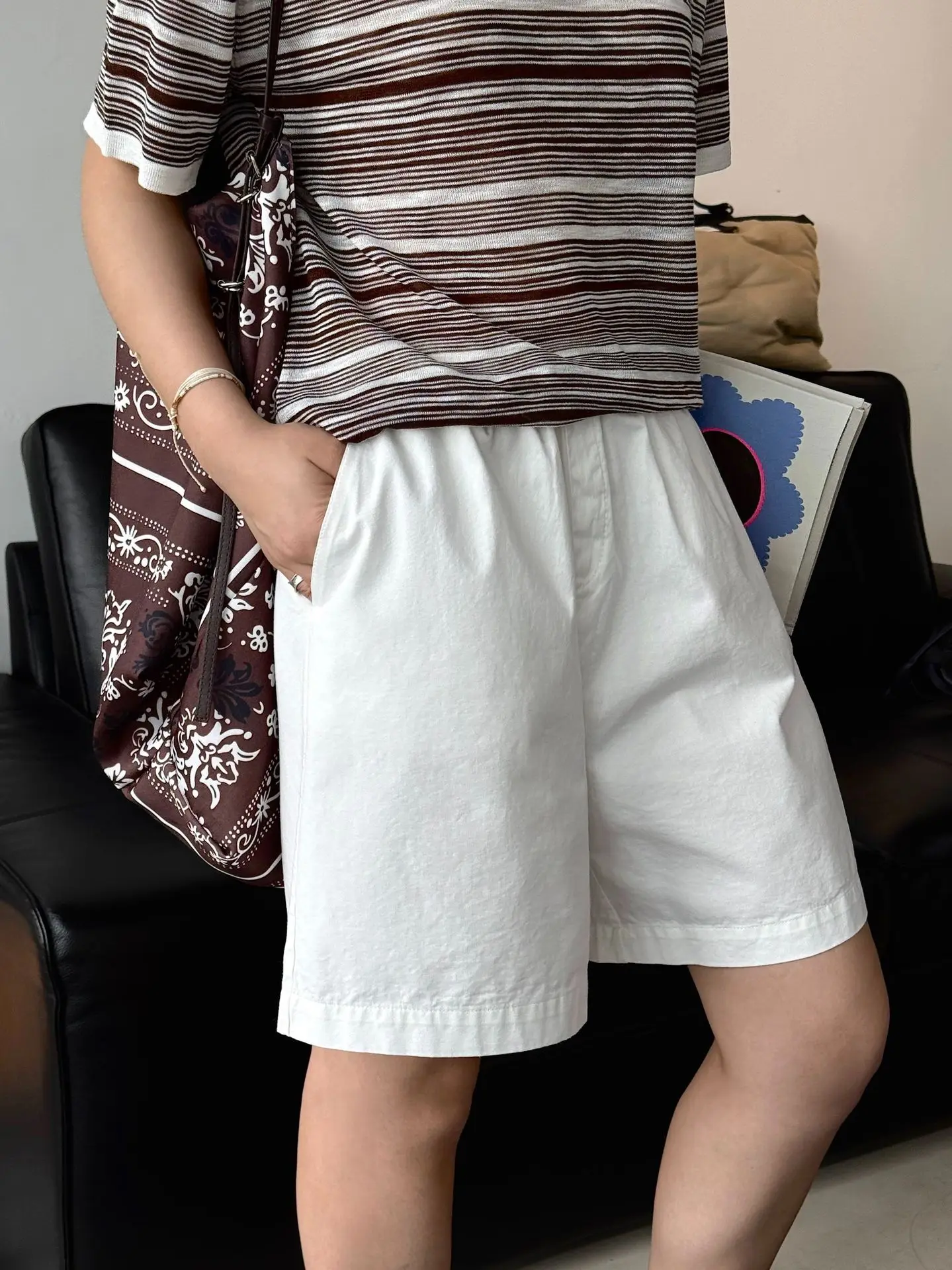 Pantaloncini larghi a vita alta casual tinta unita da donna estivi