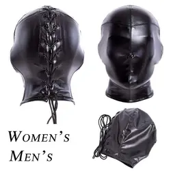 Black Soft PU Leather Unisex Full Head Hood Mask Harness Restraints BDSM Bondage Full Gimp Halloween Mask Sex Toys Women Men