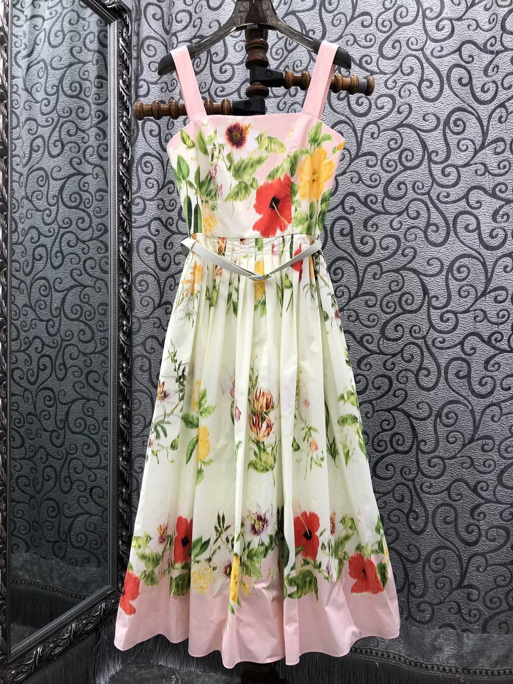 

100%Cotton Dress 2026 Summer Fashion Style Lady Colorful Floral Print Pocket Patchwork Sleeveless Mid-Calf Party Club Dress