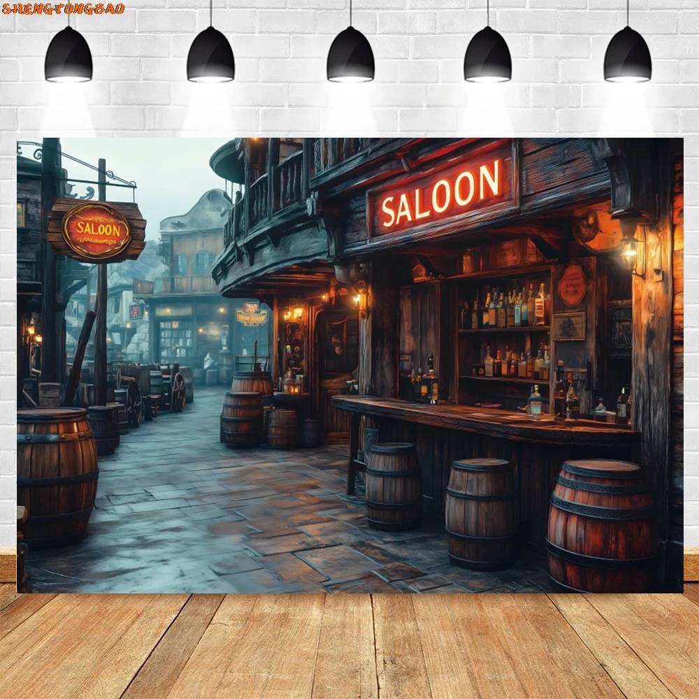 Western คาวบอย West Saloon บ้านไม้ Barn ประตูฉากหลังวันเกิดตกแต่งการถ่ายภาพพื้นหลัง Photobooth Props