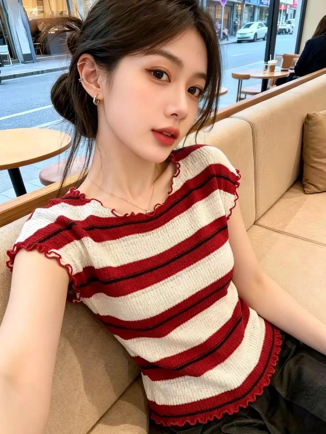 

Korean Style Striped Fly Sleeve Knitted Sweater Women's Summer New Slimming Top Self-Reserve Edition Straight Tube Shape