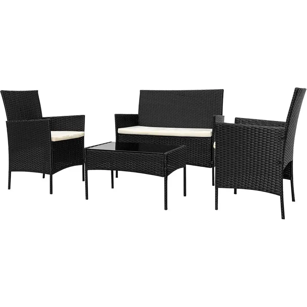 

4-Piece Outdoor Patio Furniture Set with Cushions, Rattan Chairs, Sofa, and Coffee Table with Tempered Glass Top for Garden, Poo