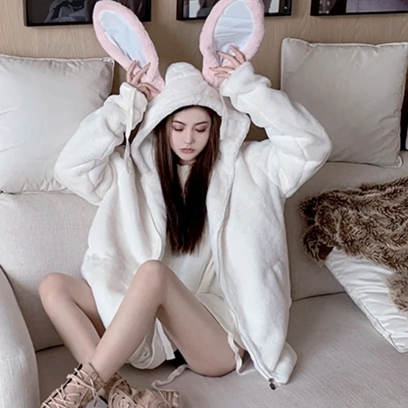 Autumn and Winter Kawaii Cute Jacket Women's Hooded Rabbit Ears Imitating Rex Rabbit Fur Plush Faux Fur Coat Thick and Warm