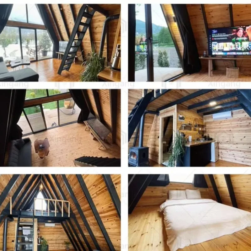 Casa triangular cabine pré-fabricada estrutura de villa modular edifício de aço pequena casa cottage resort acampamento