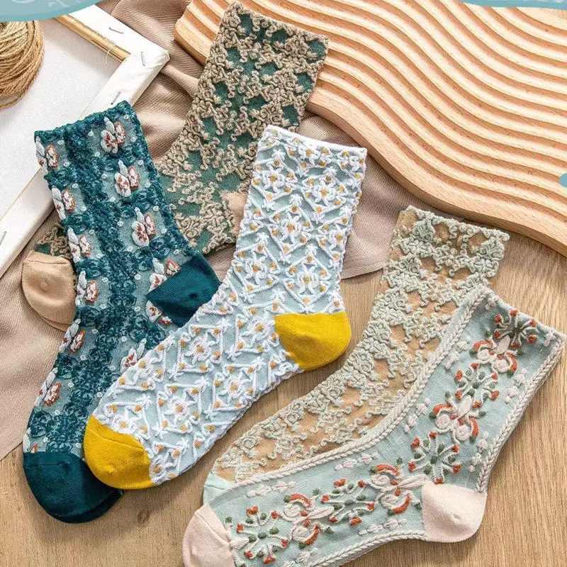 5 pairs of spring summer women's socks retro embossed court literary mid top socks soft and comfortable boat socks