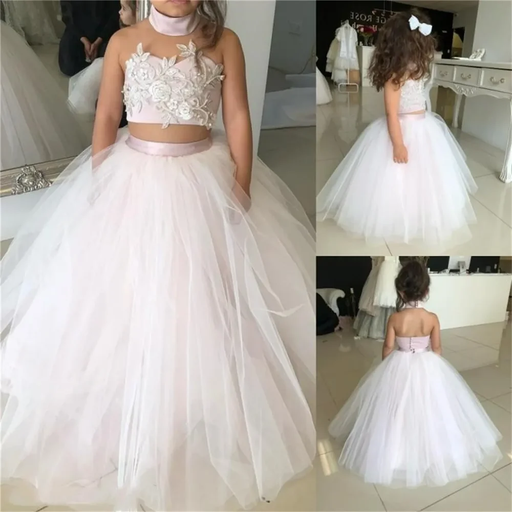 

Pink Elegant First Communion Gowns Kids Birthday Gift Soft Comfort Tulle Wedding Flowers Girs Dress Ground Length beauty pageant