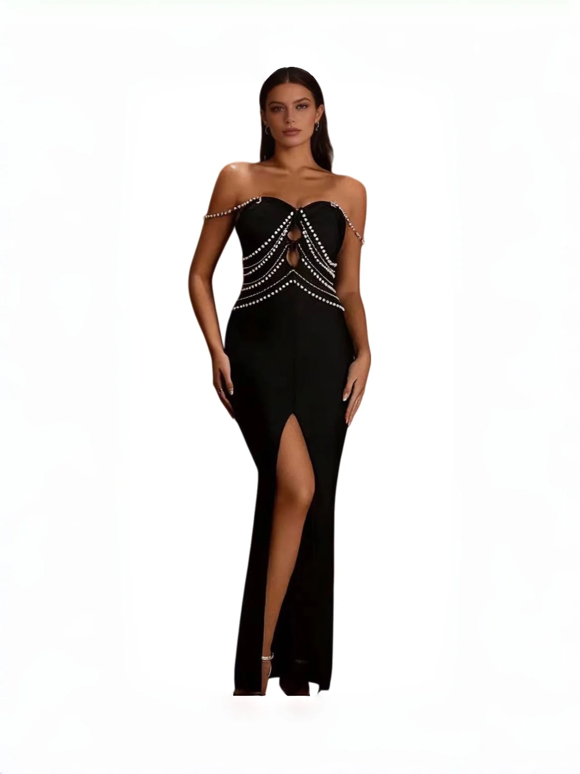 

Fashionable V-Neck Elegant Sexy Strapless Diamond Embedded Long Dress Polyester Fabric Midi Waist Zipper Closure
