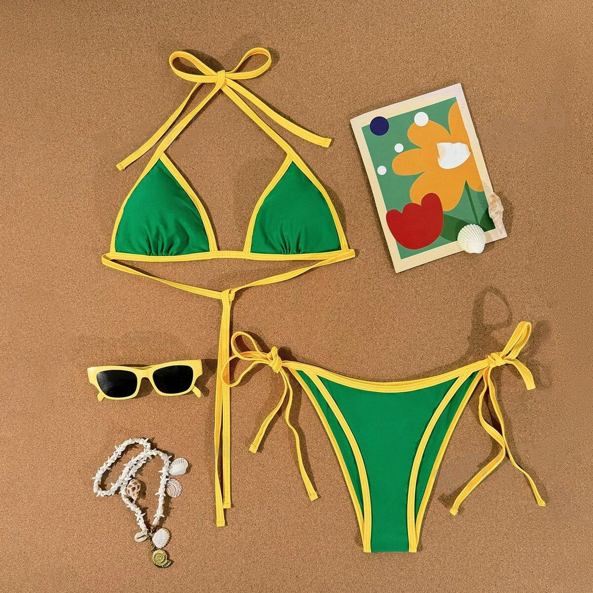 Sexy Green Yellow Contrast Bikini Set Halter Triangle Tie Side Two Piece Women Swimsuit Beachwear