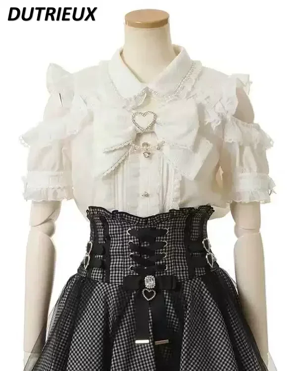 Japanese Mine Off-Shoulder Pearl Collar Cute Sweet Big Bow Shirt Skirt Outfit Women Summer New Lolita Short-Sleeved Shirt Skirts