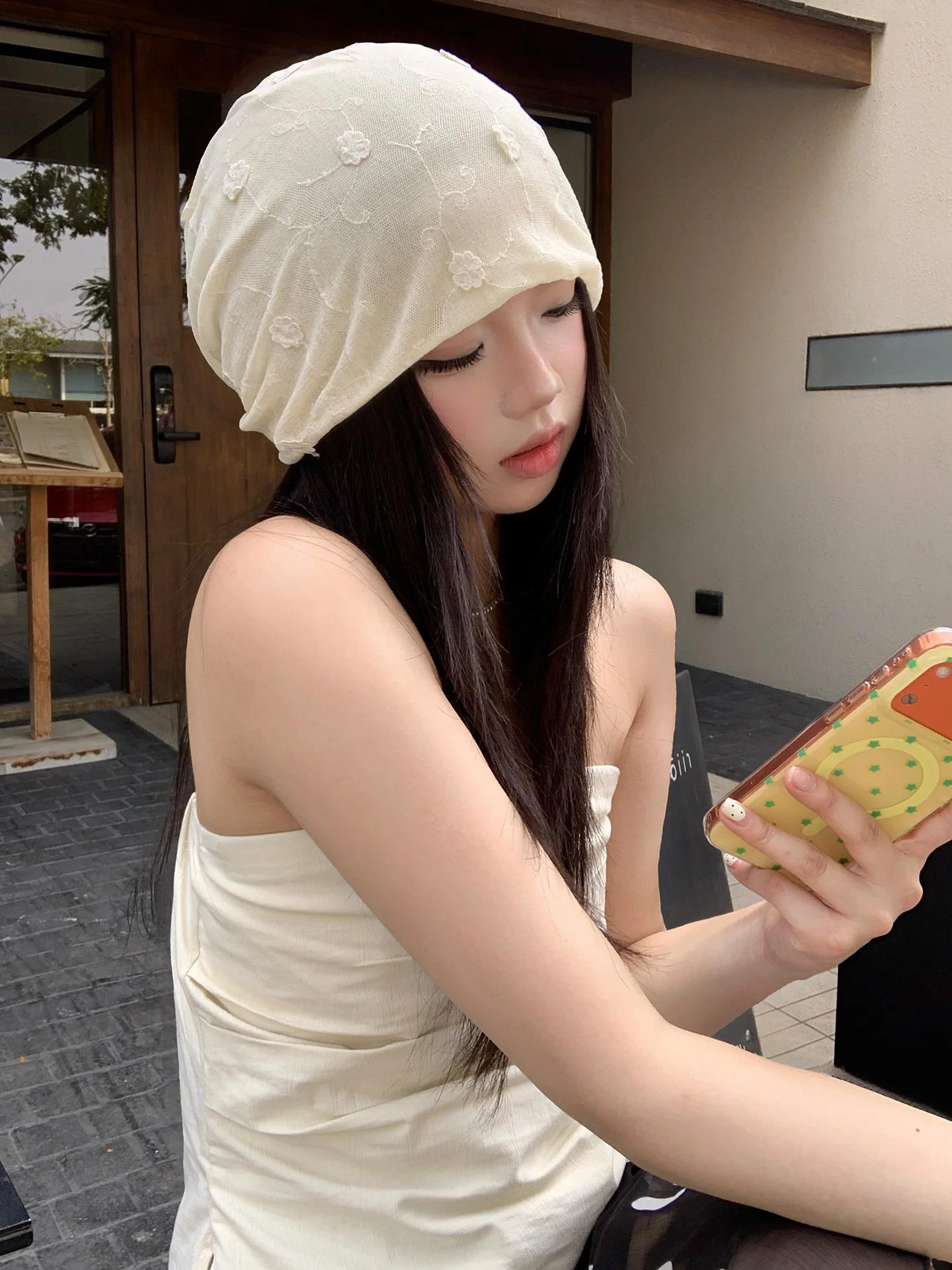 Retro Japanese Style Floral Net Hat Women's Spring Summer Thin Breathable Mesh Cap Face Slimming Baggy Headwear Casual Style
