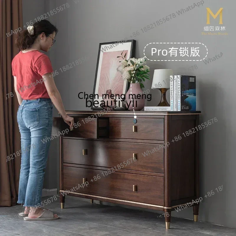 

SS new style ss7486 Four buckets solid wood bedroom chest fingerprint lock drawer log new Chinese storage furnituress 7486