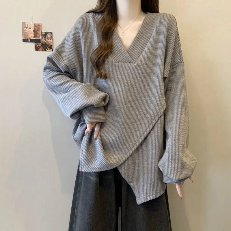 Textured Cross Design Long Sleeve Top for Women 2025 Spring and Autumn New Loose Slimming Base Shirt