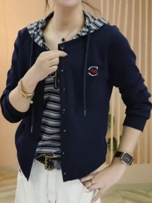 

Slimming Blue Striped Hoodie Women's Loose Fit Autumn Winter plus Size Casual Comfortable Two-Piece Look Sweatirt