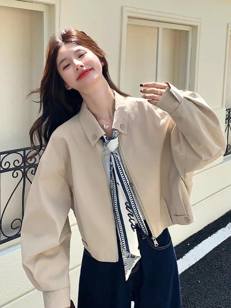 Sweet Solid Cargo Women Fashion Elegant Loose Long Sleeve Short Coat Fall Winter Chic Preppy Style Zipper Outwear Tops