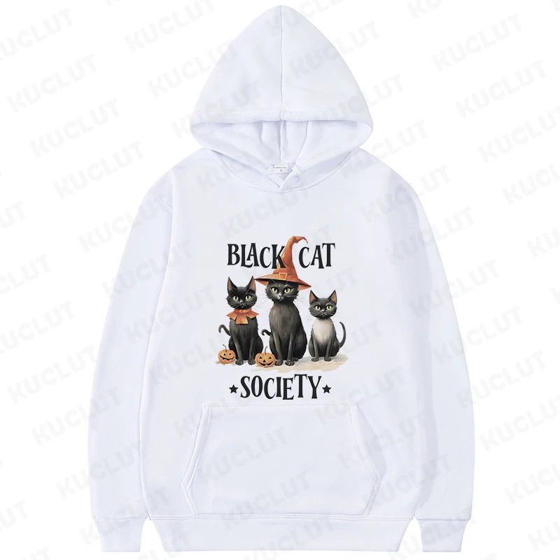 Sudaderas con capucha de manga larga con estampado de Black Cat Society para mujer, jersey de gato escalofriante divertido para Halloween, sudaderas de estilo callejero, Otoño e Invierno