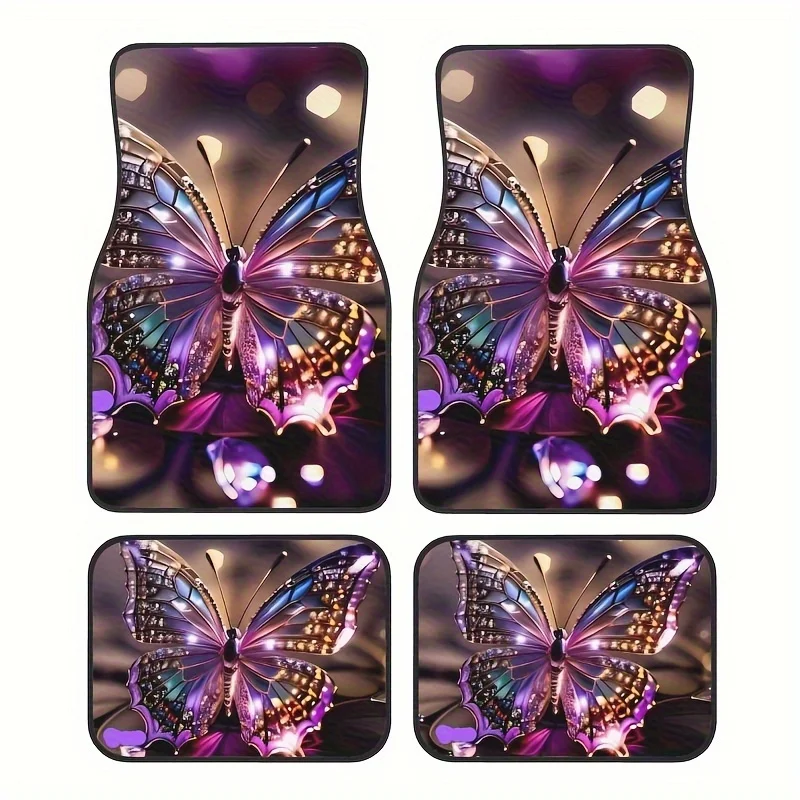 

4pcs, Cute Stained Glass Butterfly Pattern Polyester Full-Width Printed Car Floor Mats Car Comfortable Crystal Velvet Vehicles F