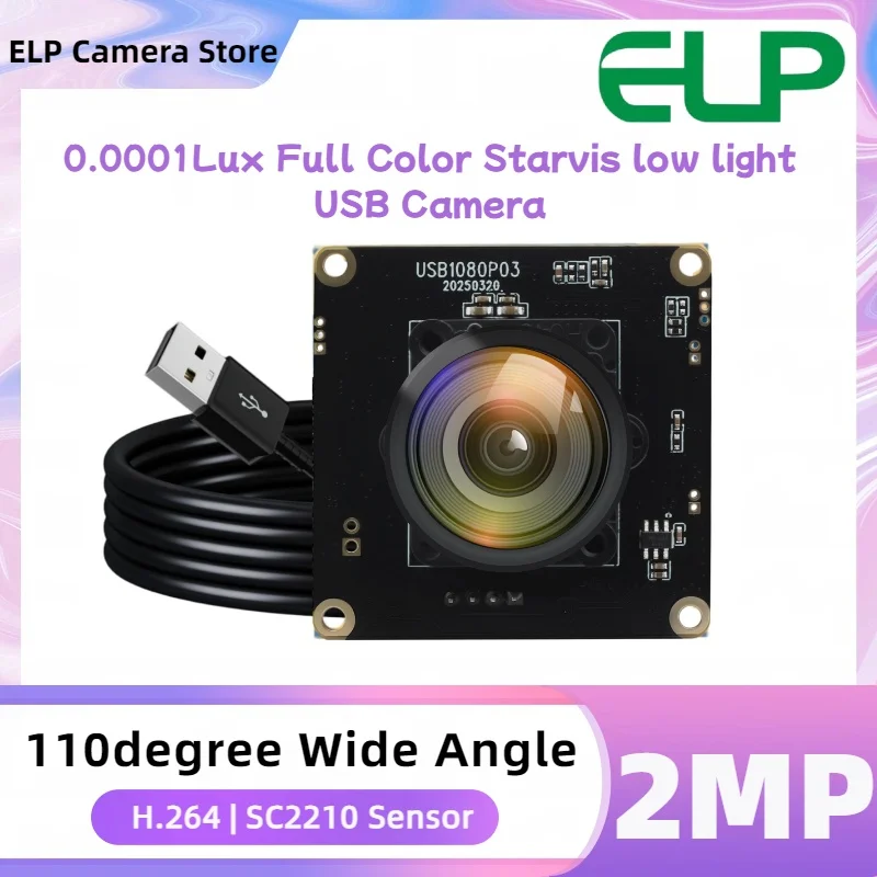 ELP 0.0001lux Full color low light USB Camera Module 1080P F1.0 110°Wide Angle Camera H.264 SC2210 Starlight camera for Security