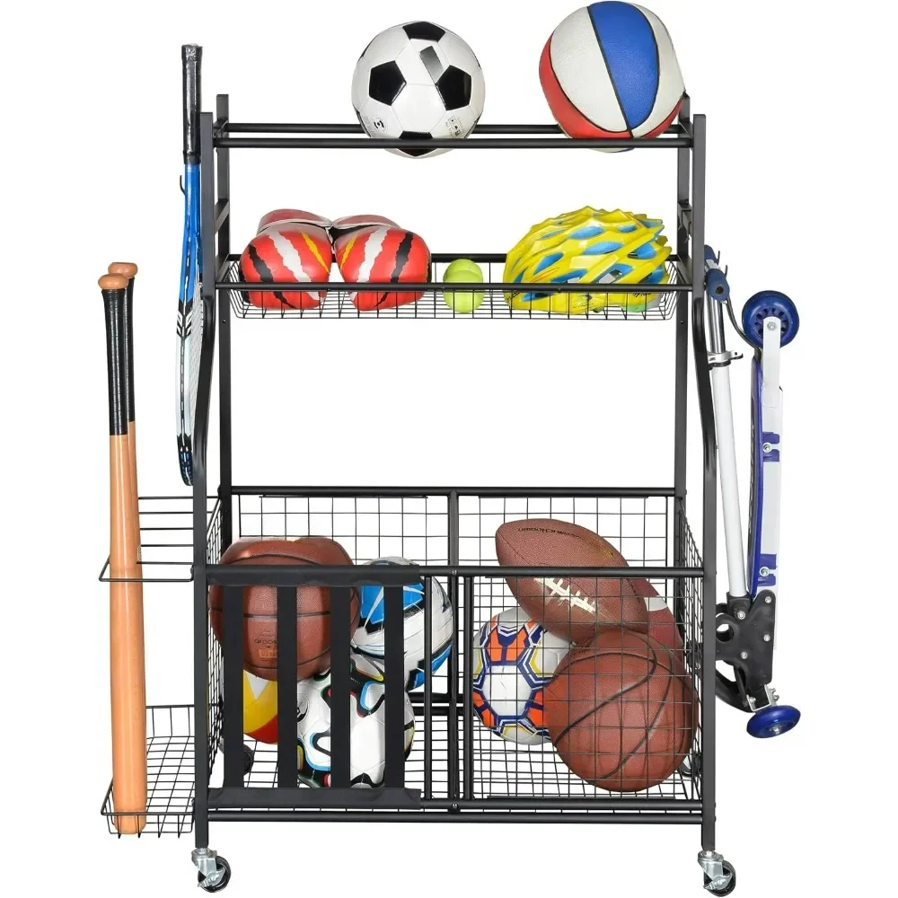 Garage Storage System Sports Equipment Organizer with Baskets and Hooks, Sports Gear and Ball Storage Rack with Wheels