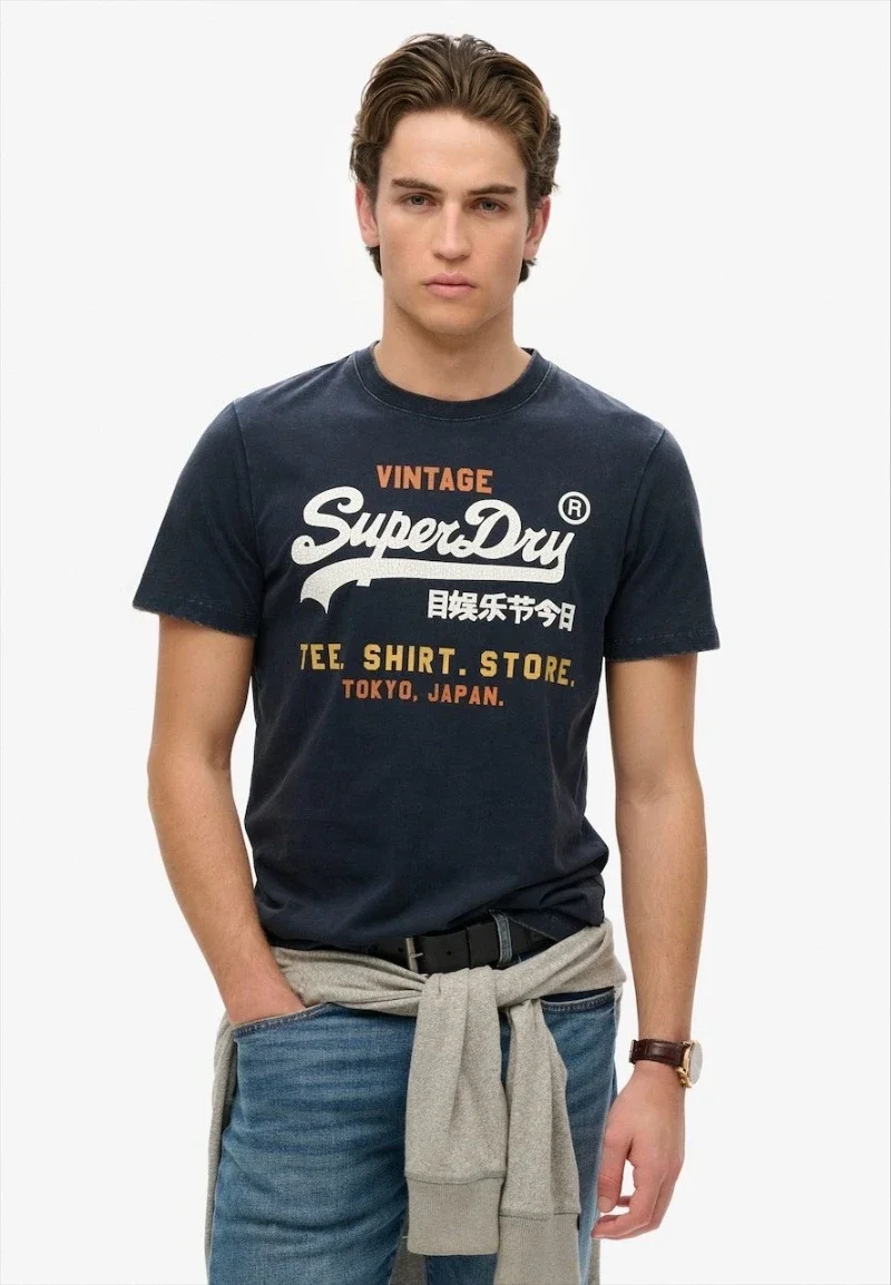 Retro Super-Dry Style Japanisches Logo-Grafik-T-Shirt für Herren, Baumwolle, Oversize-Streetwear, kurzärmelige Kleidung mit Rundhalsausschnitt