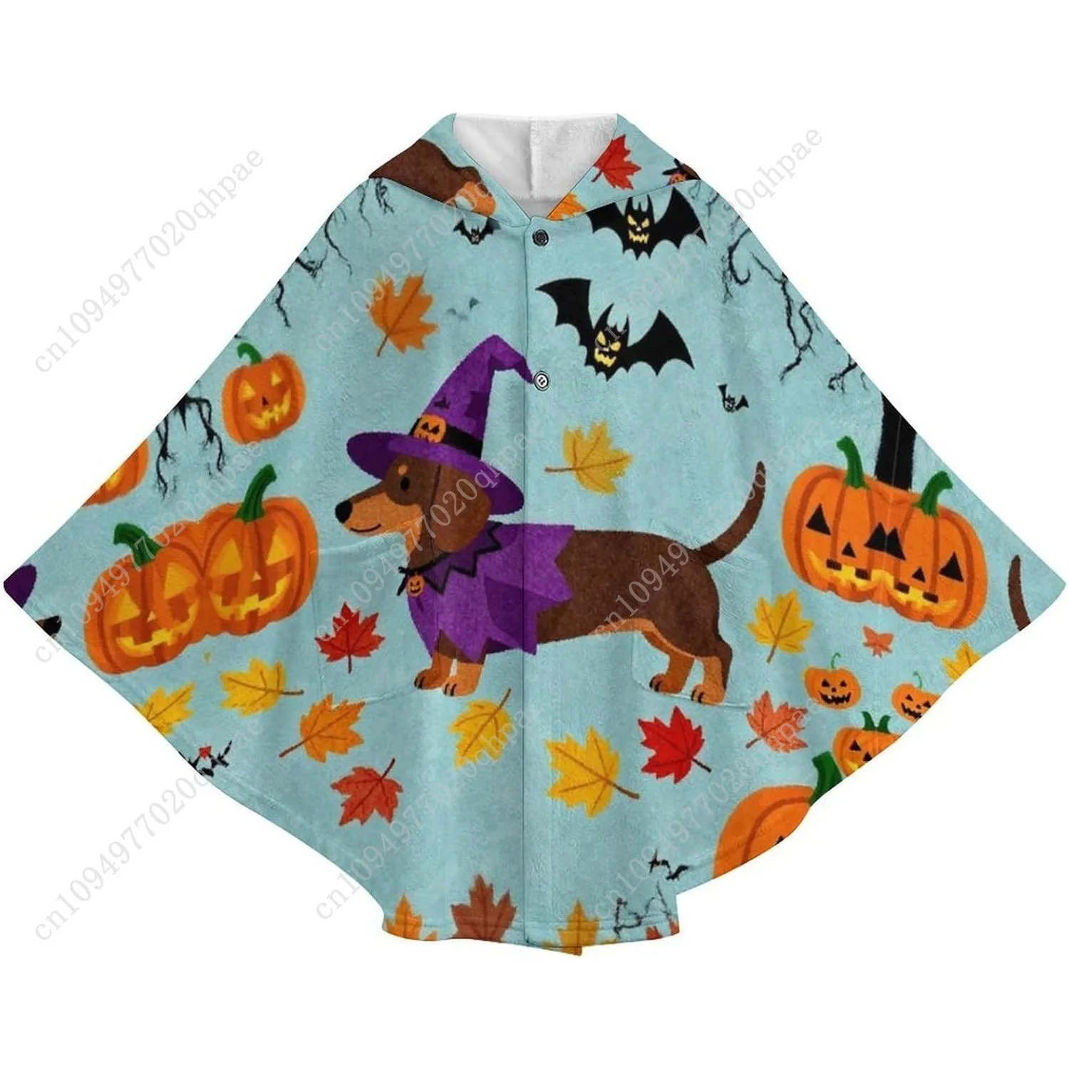 سترة بطانية مريحة من الفلانيل، هوديي كبير الحجم للهالوين Dachshund Bat Pumpkin مع جيوب للأطفال والمراهقين