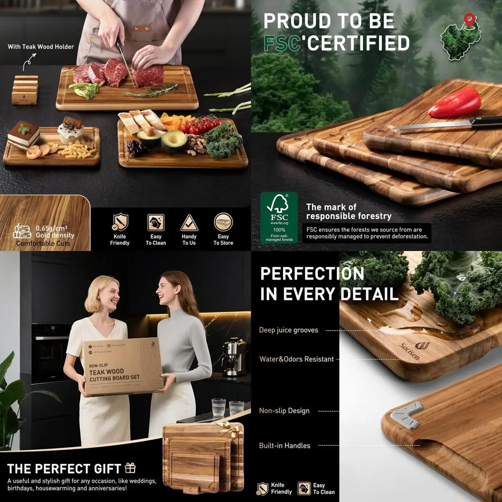 

Kitchen Essential: 3-Piece Teak Wood Cutting Board Set - Charcuterie, Heavy Duty, Non-Toxic, Large & Small Boards for Meat
