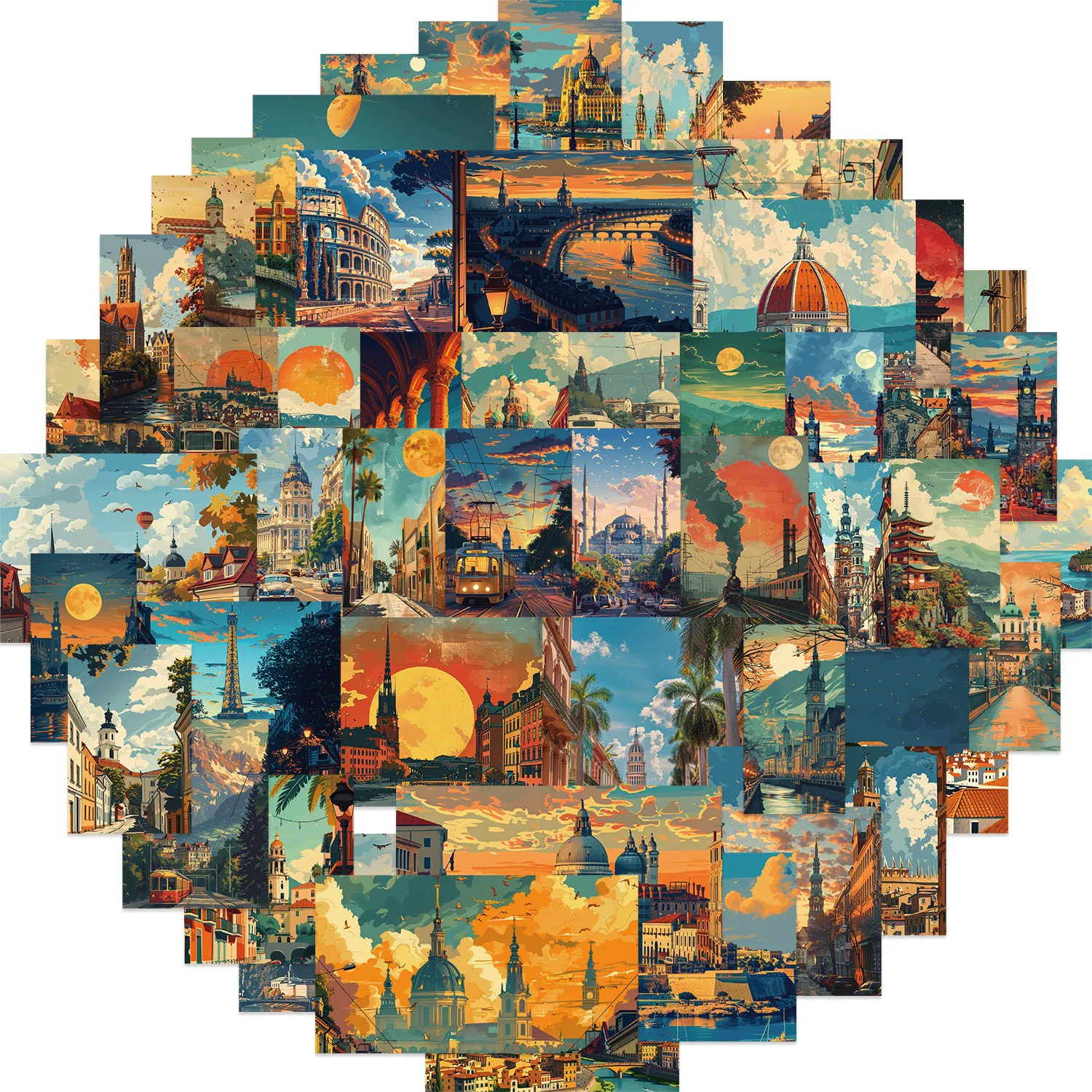 50 pz Retro paesaggio pittura Graffiti adesivi fai da te telefono chitarra Laptop Notebook valigia tazza adesivo impermeabile giocattolo per bambini