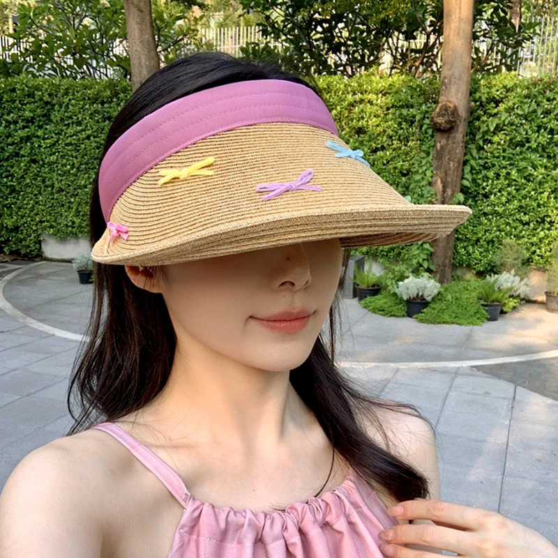 New Korean Version of The New DIY Bow Straw Hat Women's Summer Big Brim Sun Hat Seaside Beach Vacation Sweet Empty Top Cap