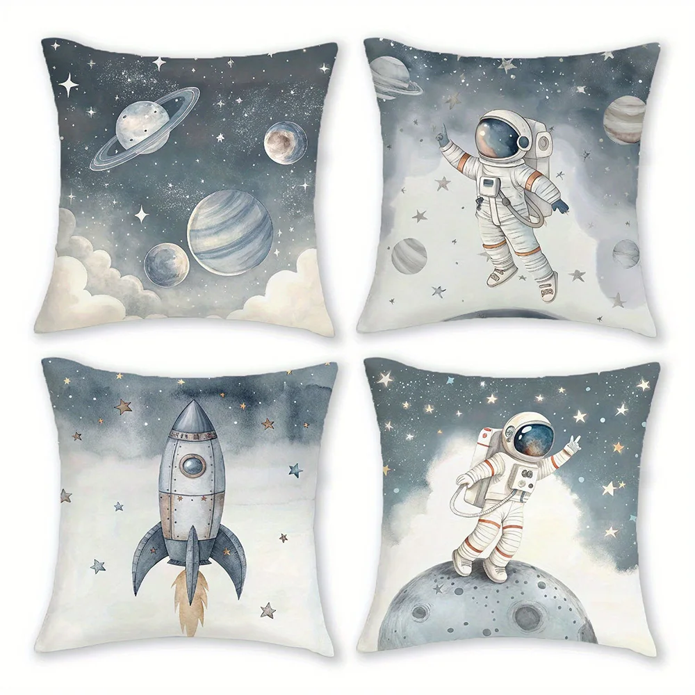 Pillow cover 45x45 Pillow case aesthetic space astronaut watercolor rocket throw home decor kids room flat printing washable