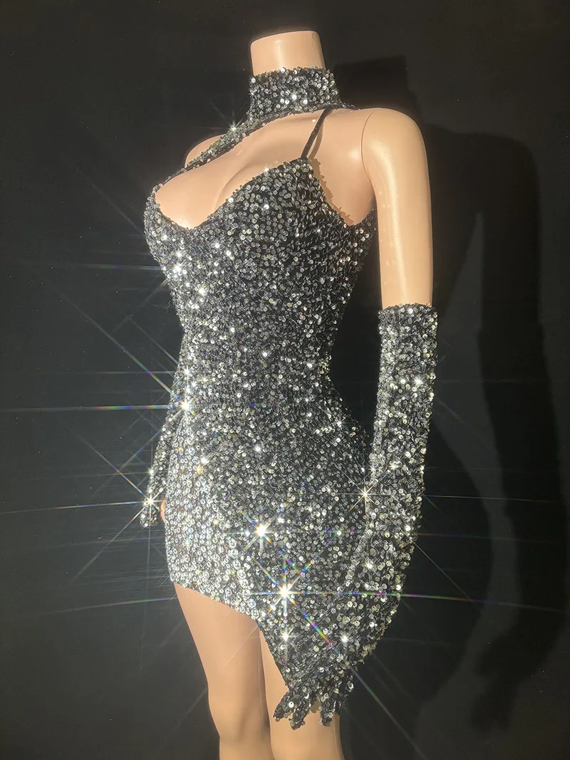 Black Flashing Sequin Diamonds Gloves Sexy Halter Sheath Mini Dress Nightclub Performance Custome Stage Wear Evening Party Dress